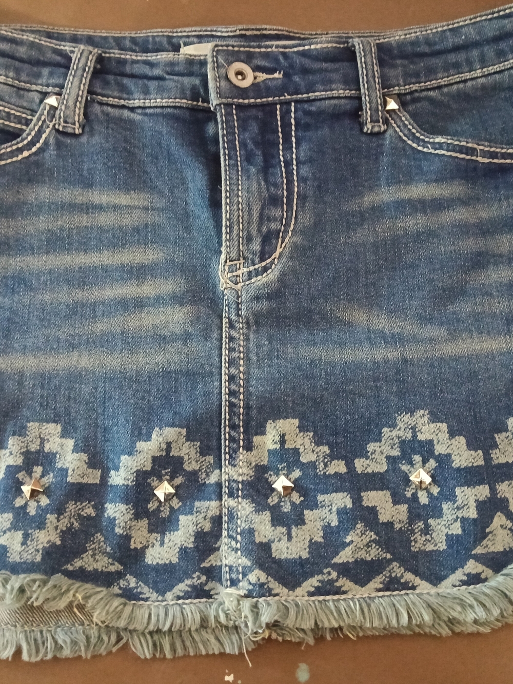 Shyanne Blue Denim Mini Skirt with Aztec Print and Stud Accents